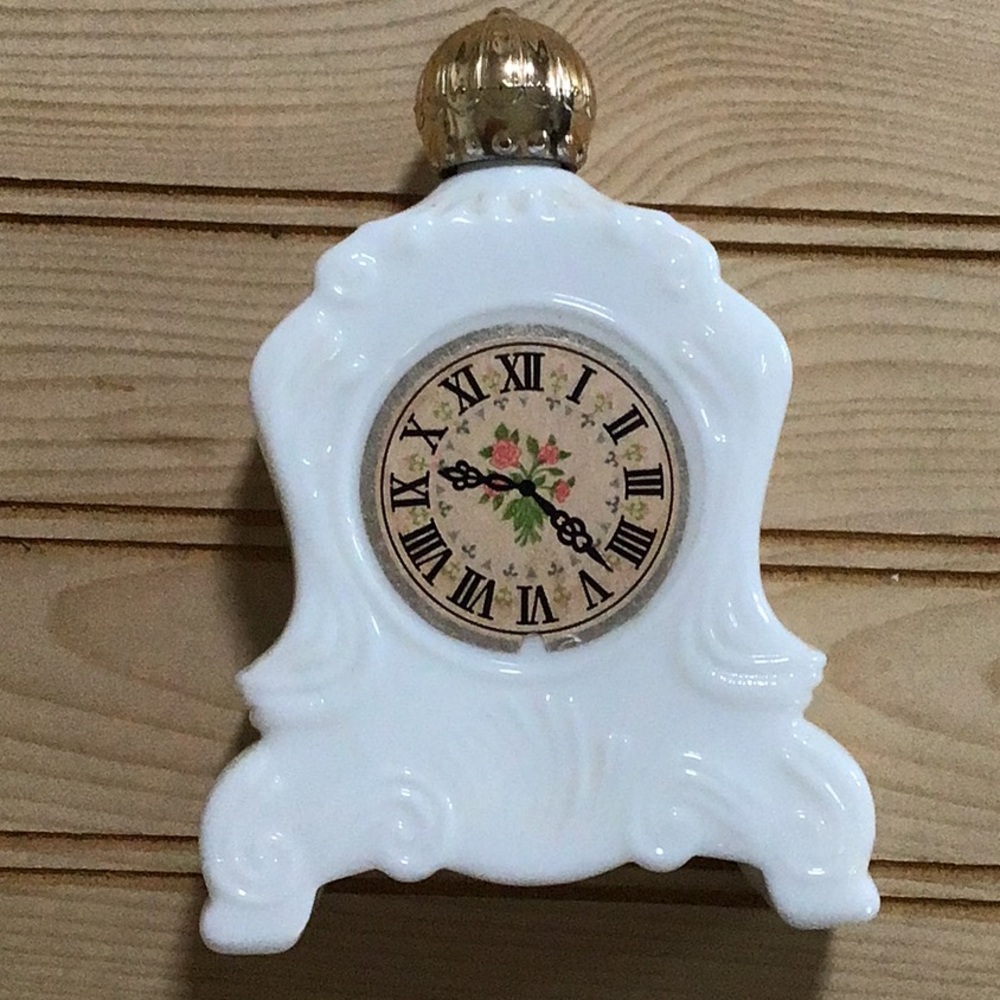 Vintage Avon Victorian Clock Glass Bottle White Milk Glass Clock Perfume Bottle